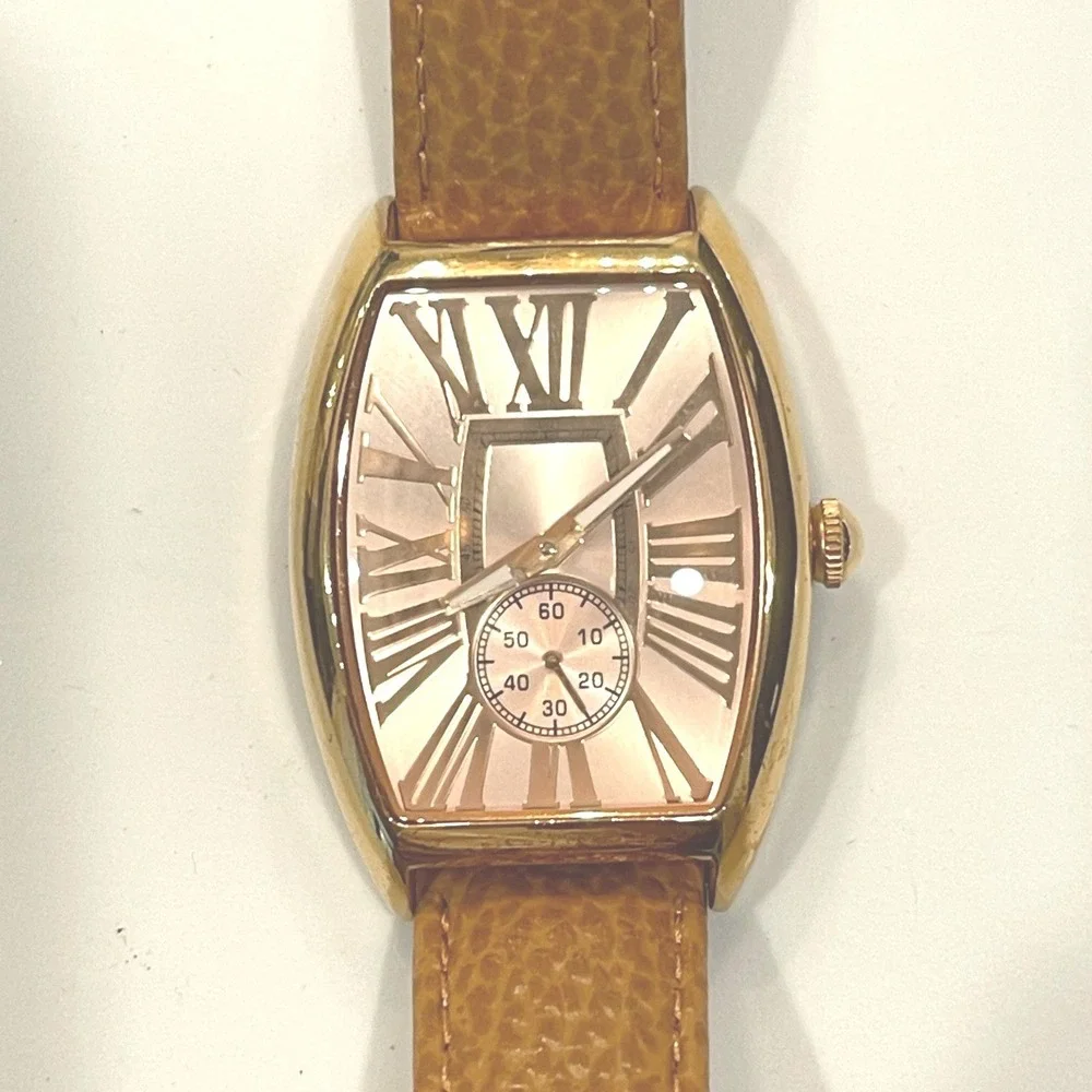 Bronzo Italia Rose Gold Tone Bronze Tonneau Watch Tan Leather Strap Swiss Parts